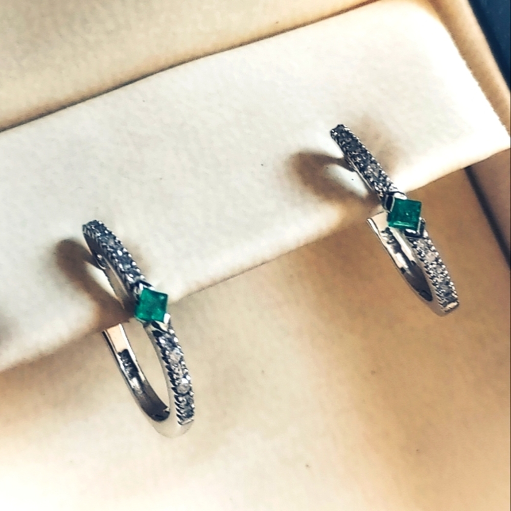 10K White Gold Square Cut Emerald and Diamond Earrings 10KW